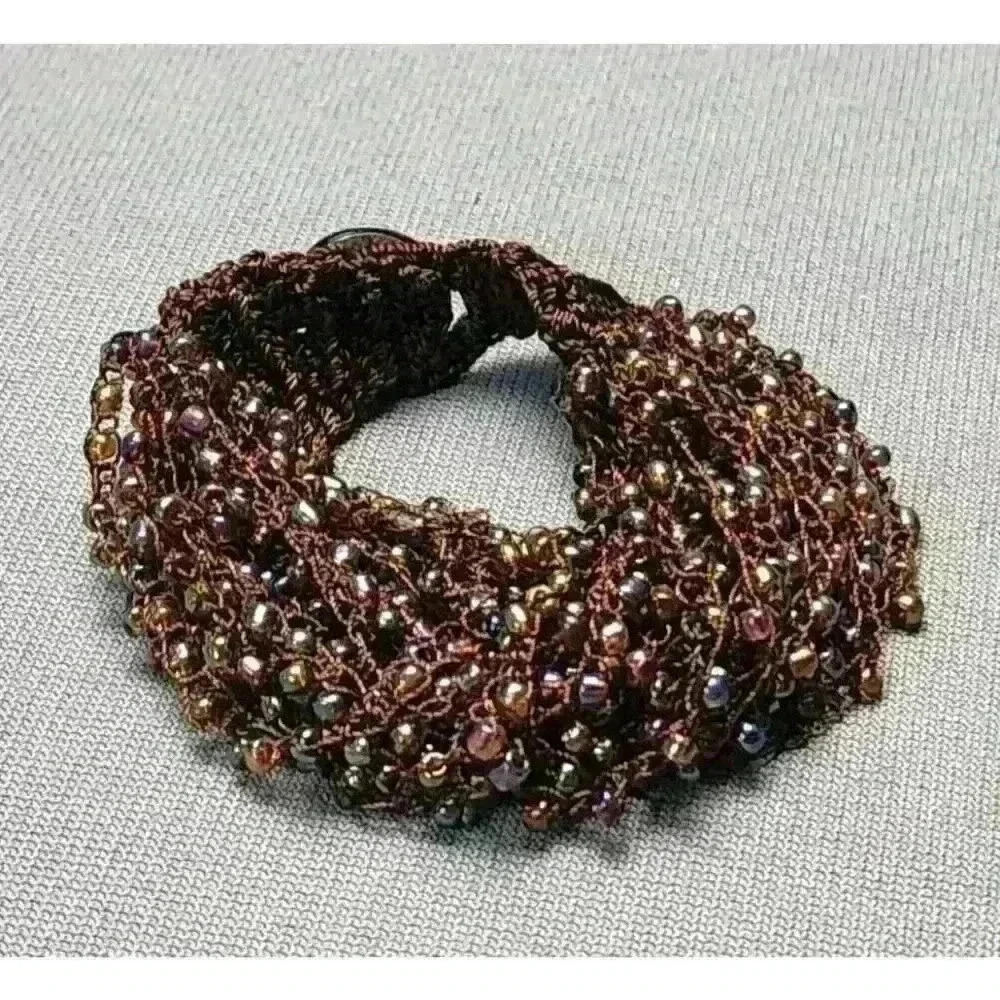 Bohemian Multi-strand Brown Knit Cuff Beaded Bracelet Iridescent Seed Beads Boho - Picture 2 of 6